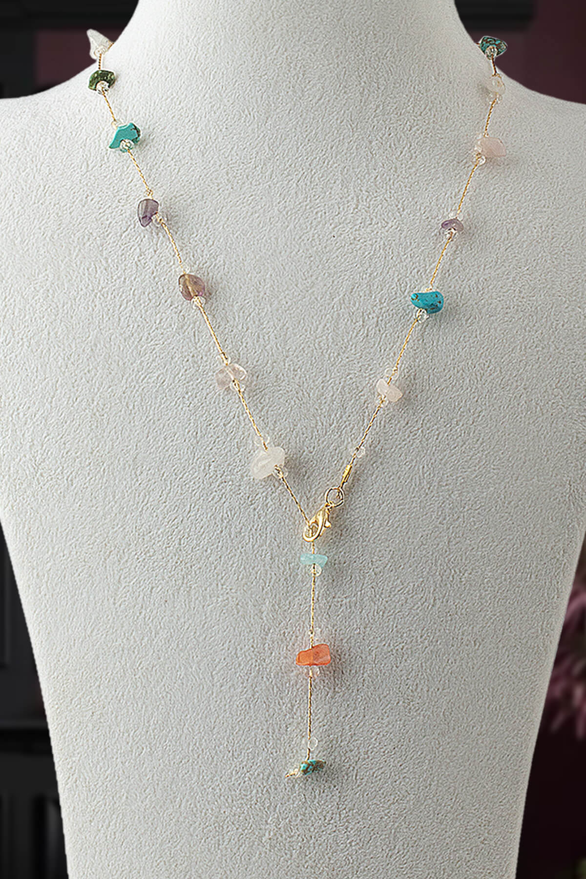 Karışık Doğal Kırık Taş Yapıştırma Y Zincir Kolye