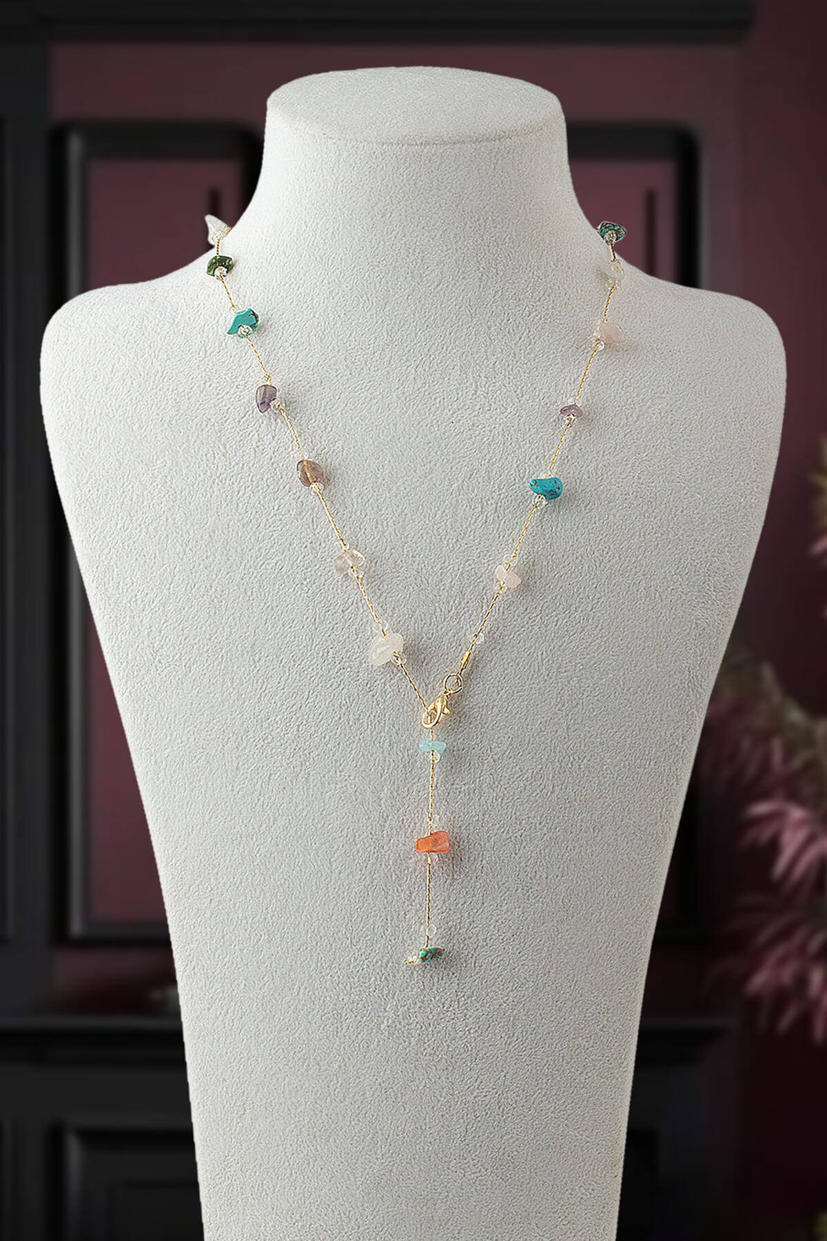 Karışık Doğal Kırık Taş Yapıştırma Y Zincir Kolye