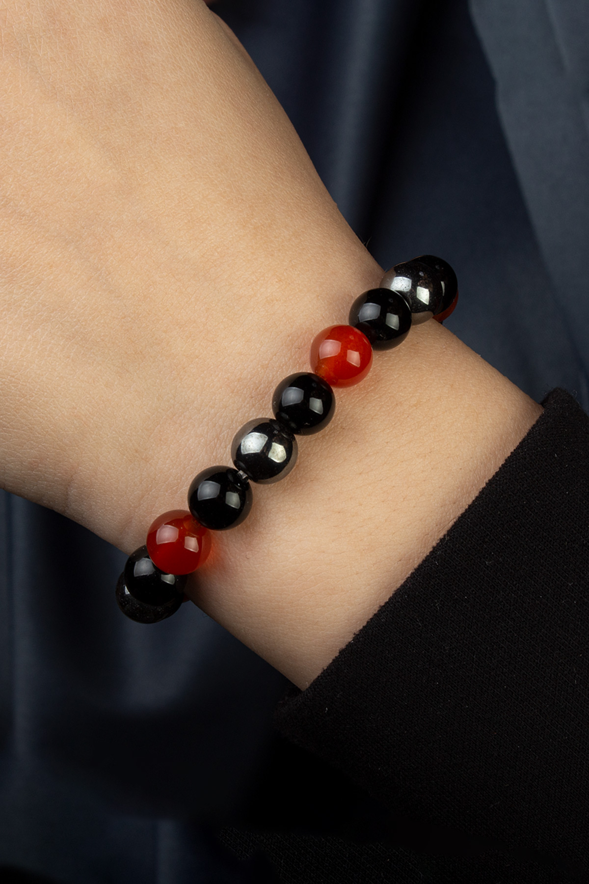 Karnelyan Akik -Karışık Doğal Taş Küre Kesim Stres Bilekliği