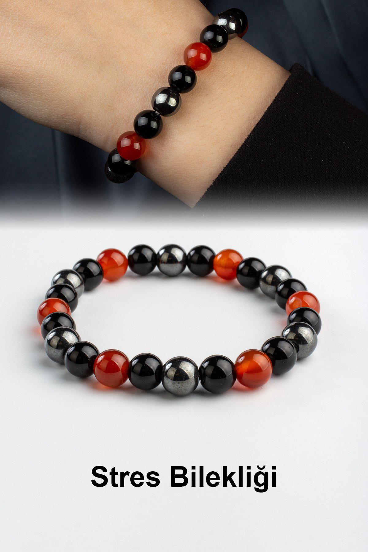 Karnelyan Akik -Karışık Doğal Taş Küre Kesim Stres Bilekliği