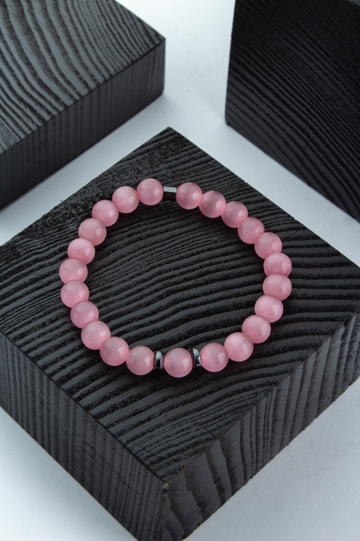 Kedi Gözü Doğal Taş Pembe Küre Kesim 8mm Bileklik