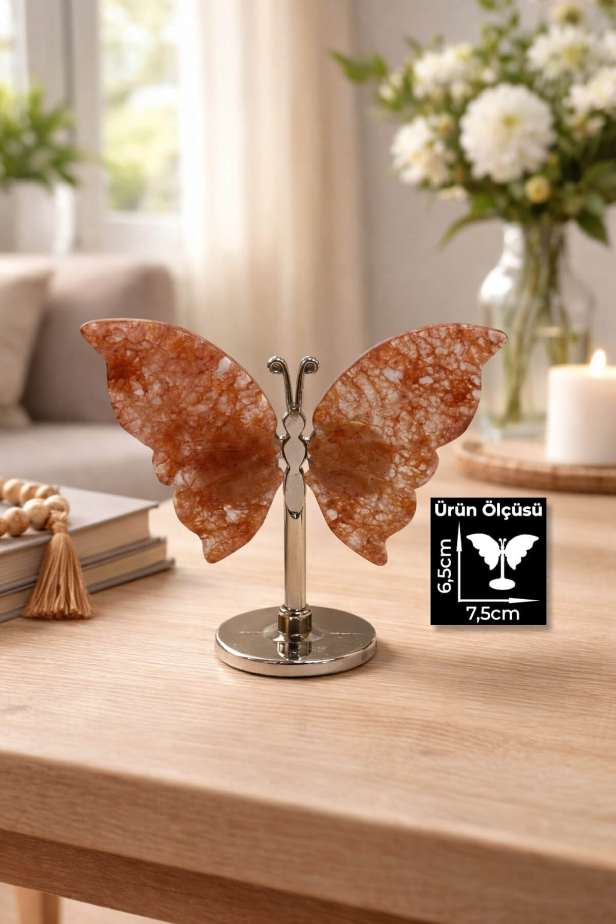 Kırmızı Kuvars Taşı Doğal Taş Standlı Kelebek Figürlü Ev Dekorasyon Obje