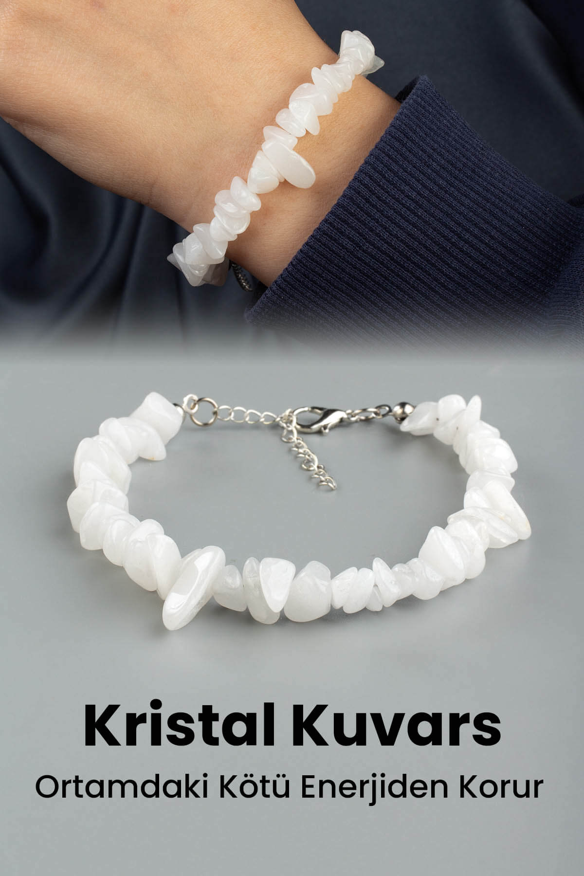 Kristal Kuvars Doğal Kırık Taş Zincir Kapamalı Bileklik