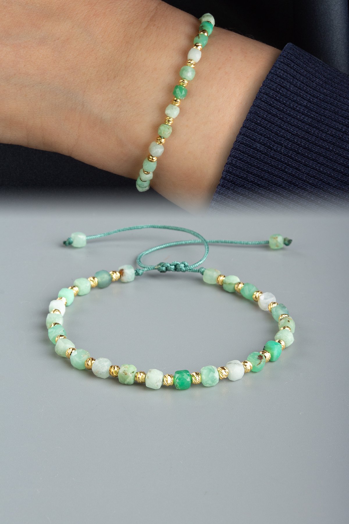 Krizopras Doğal Taş Küp Kesim Yeşil Makrome Bileklik