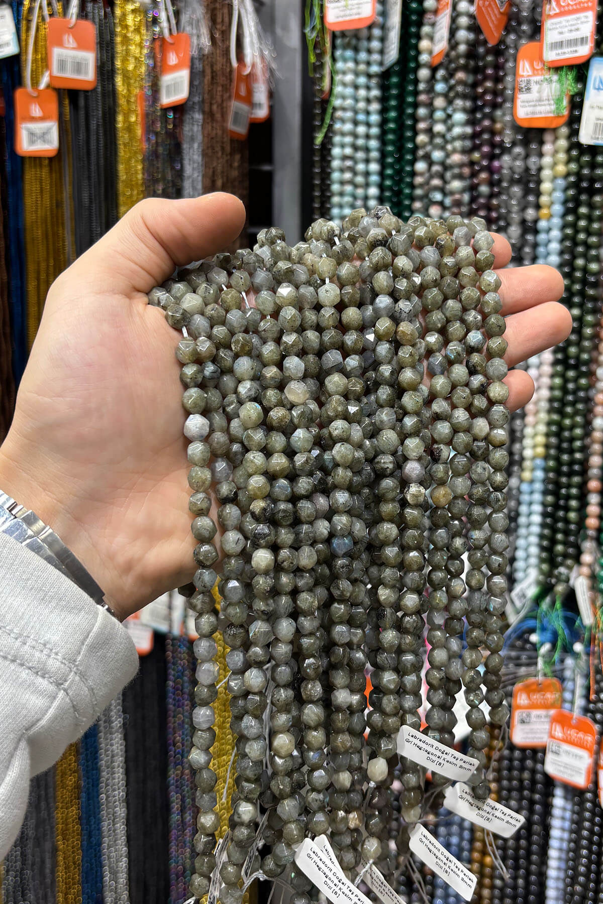 Labradorit Doğal Taş Parlak Gri Hegzagonal Kesim 8mm Dizi [B]