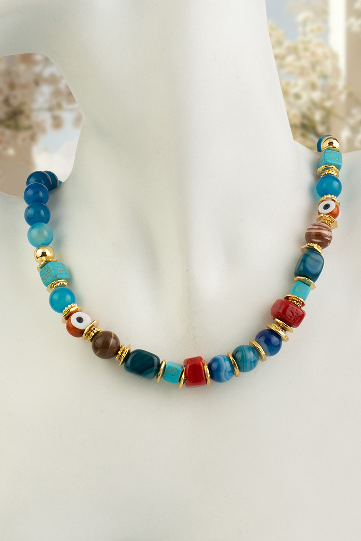 Madagaskar Akik Doğal Taş Mavi Küre Kesim 10 mm Murano Çelik Kolye