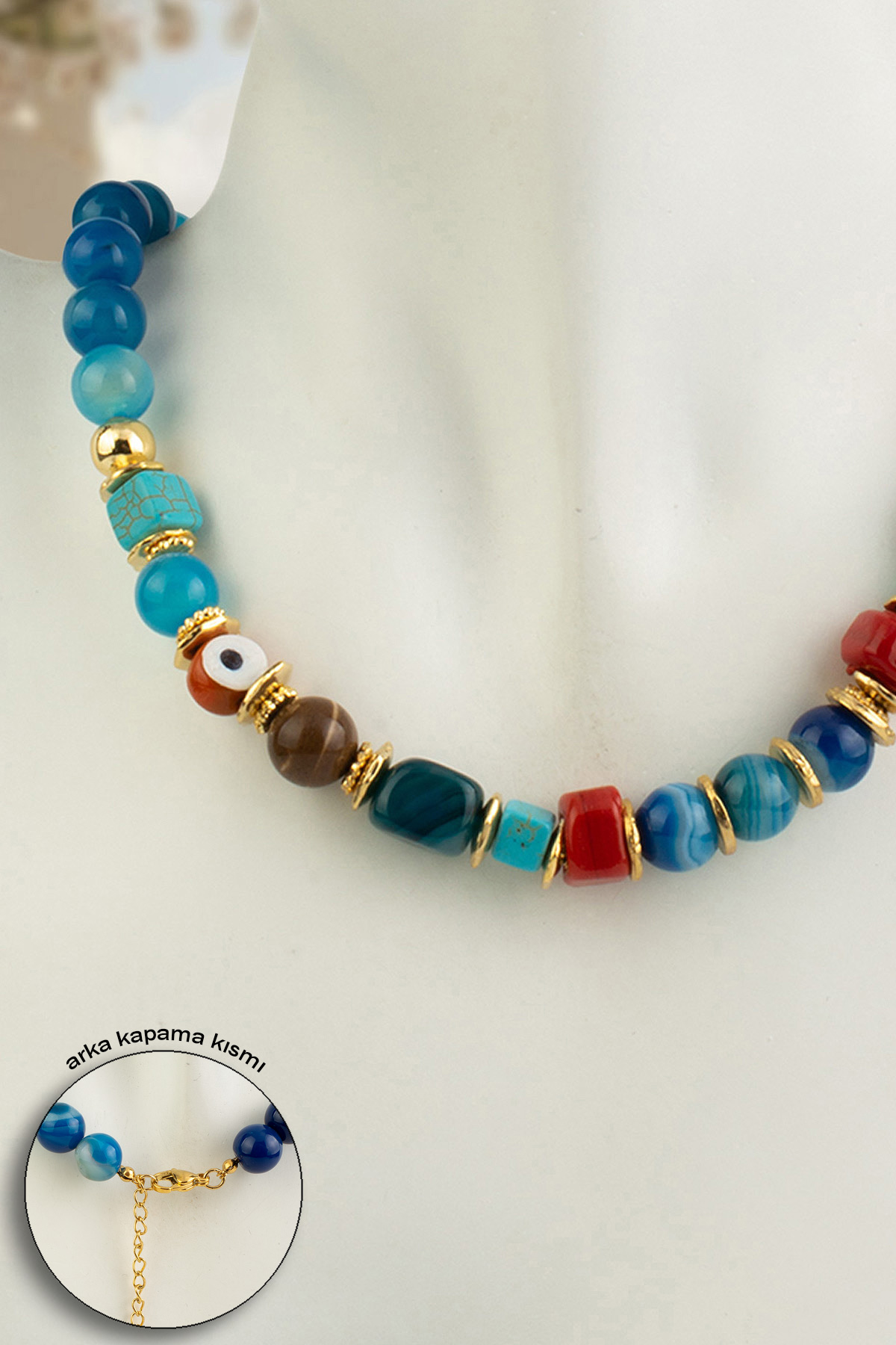 Madagaskar Akik Doğal Taş Mavi Küre Kesim 10 mm Murano Çelik Kolye