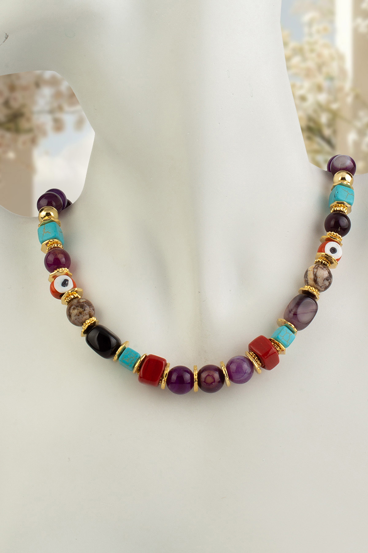 Madagaskar Akik Doğal Taş Mor Küre Kesim 10 mm Murano Çelik Kolye