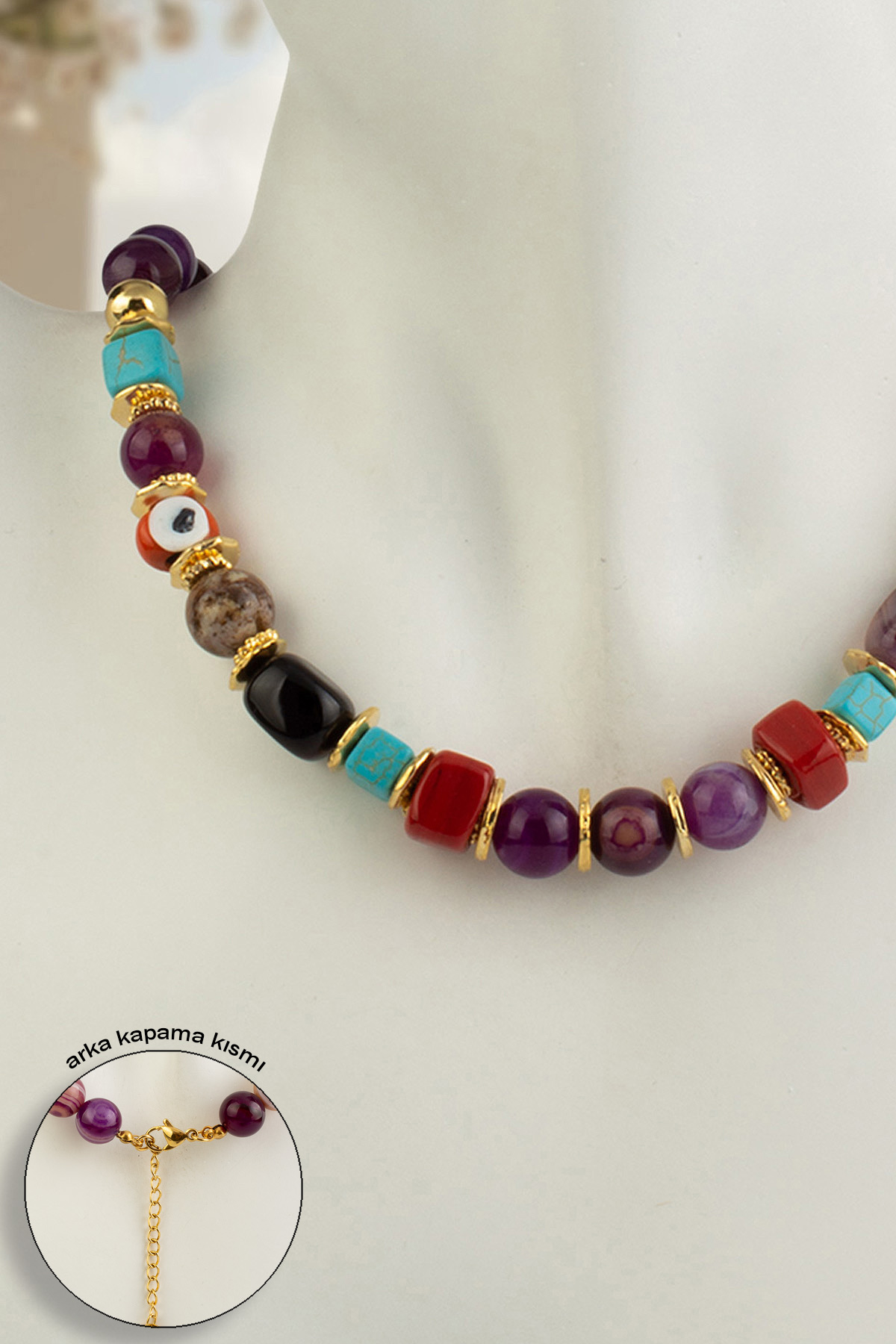 Madagaskar Akik Doğal Taş Mor Küre Kesim 10 mm Murano Çelik Kolye