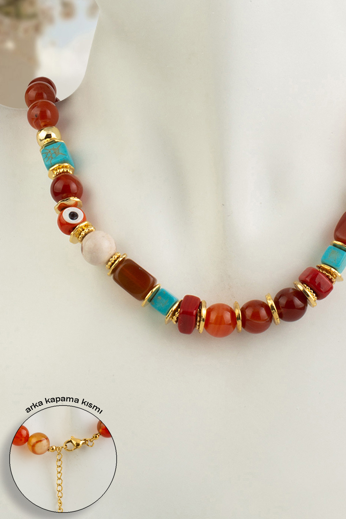 Madagaskar Akik Doğal Taş Turuncu Küre Kesim 10 mm Murano Çelik Kolye