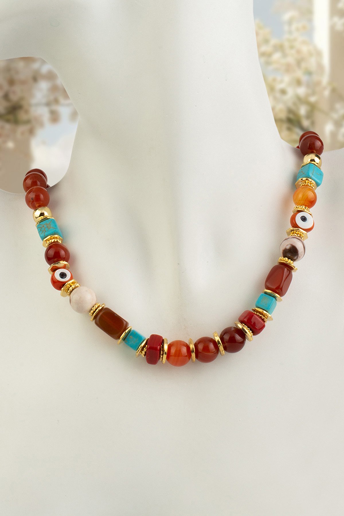 Madagaskar Akik Doğal Taş Turuncu Küre Kesim 10 mm Murano Çelik Kolye