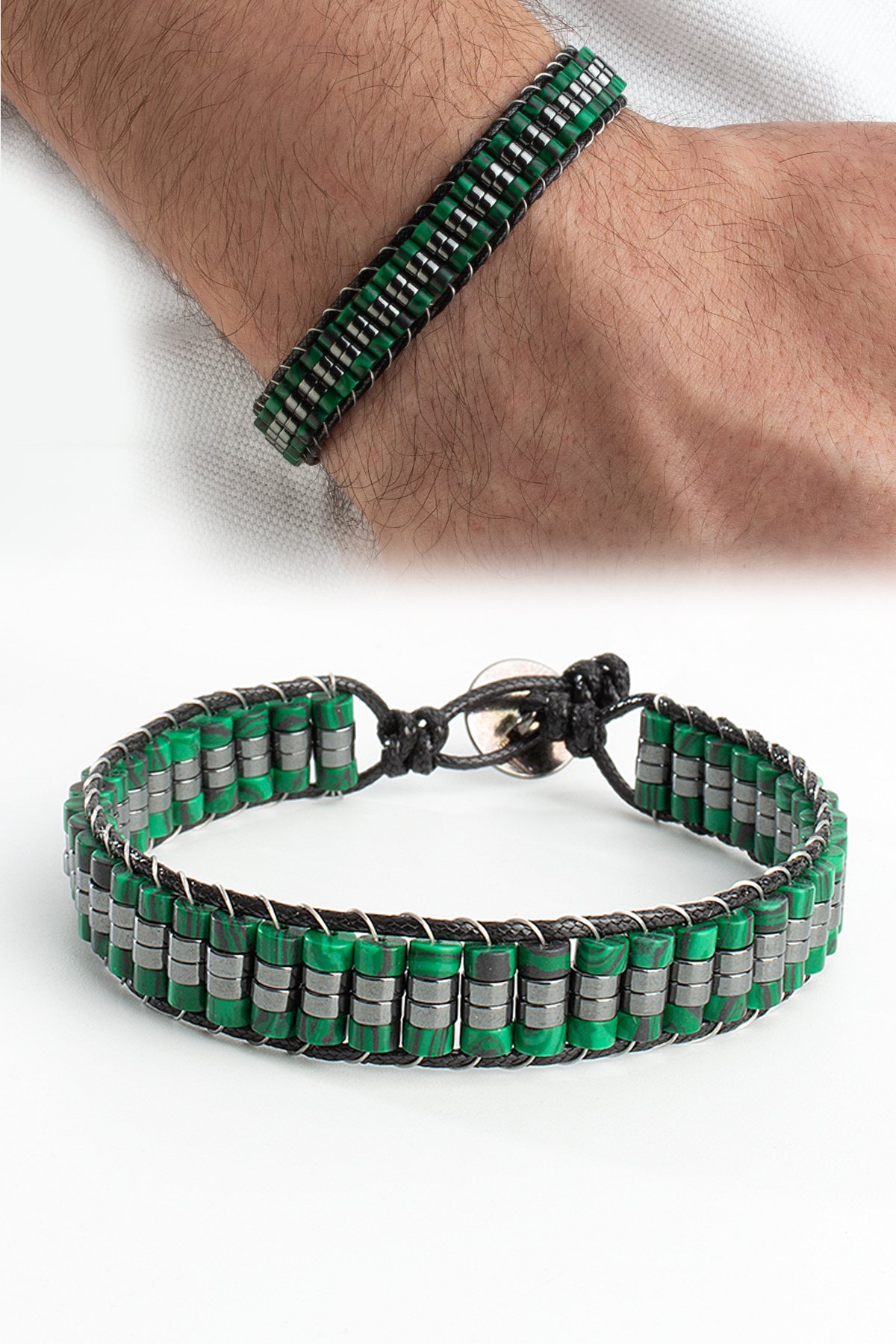 Sıkma Malakit Doğal Taş Örme Erkek Bilekliği 4x2mm