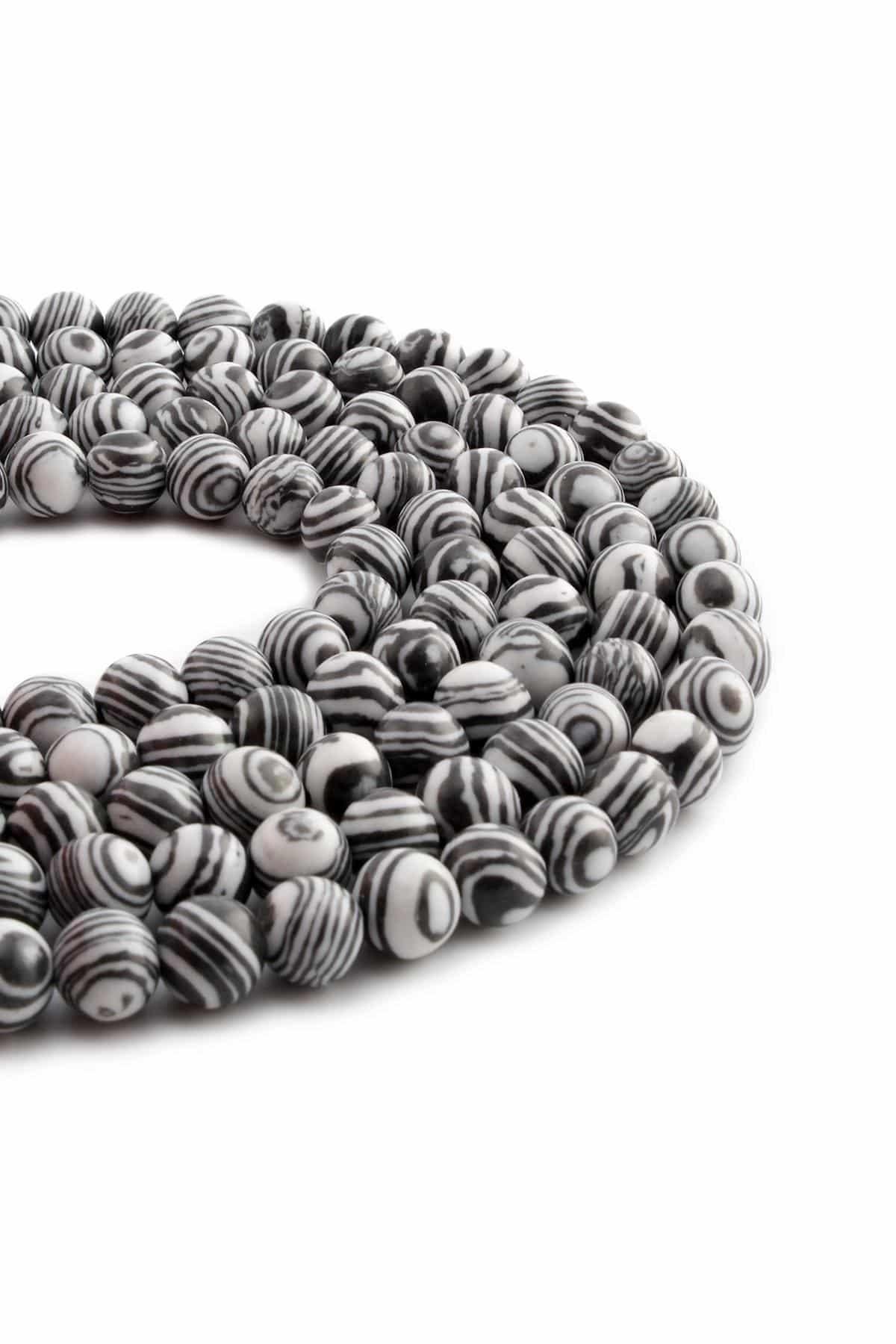 Sıkma Malakit Taşı Siyah Beyaz Küre Kesim 8mm Dizi [B+]