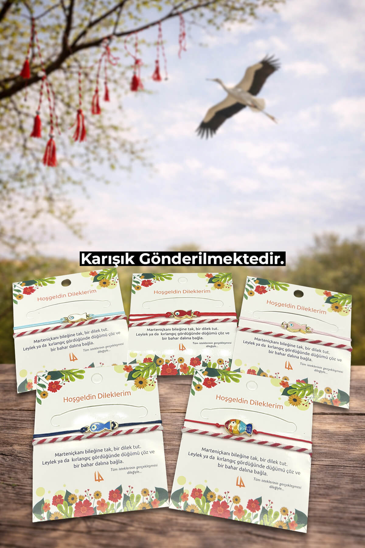 Marteniçka Balık Temalı Kırmızı Beyaz İp Bileklik - Geleneksel Baba Marta Bahar Bilekliği