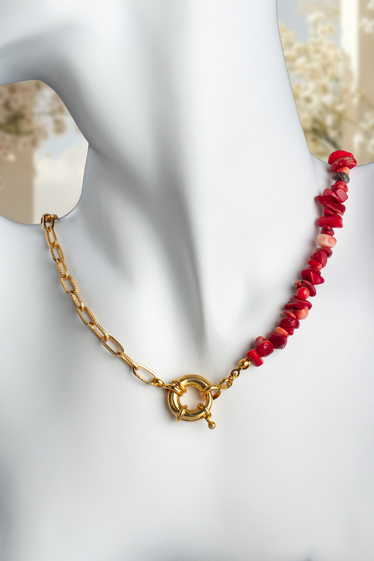 Mercan Doğal Kırık Taş Gemici Dümeni Kapamalı Kolye