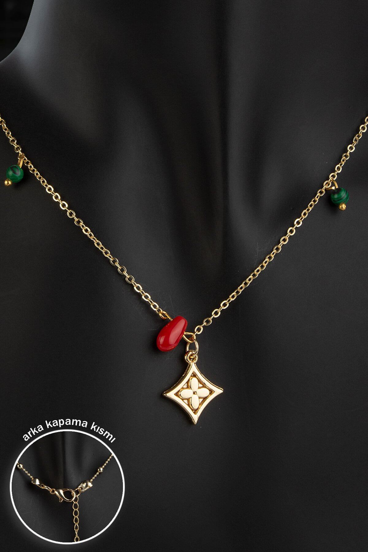 Mercan Sıkma Malakit Doğal Taş Kokina Temalı Yılbaşı Kolyesi