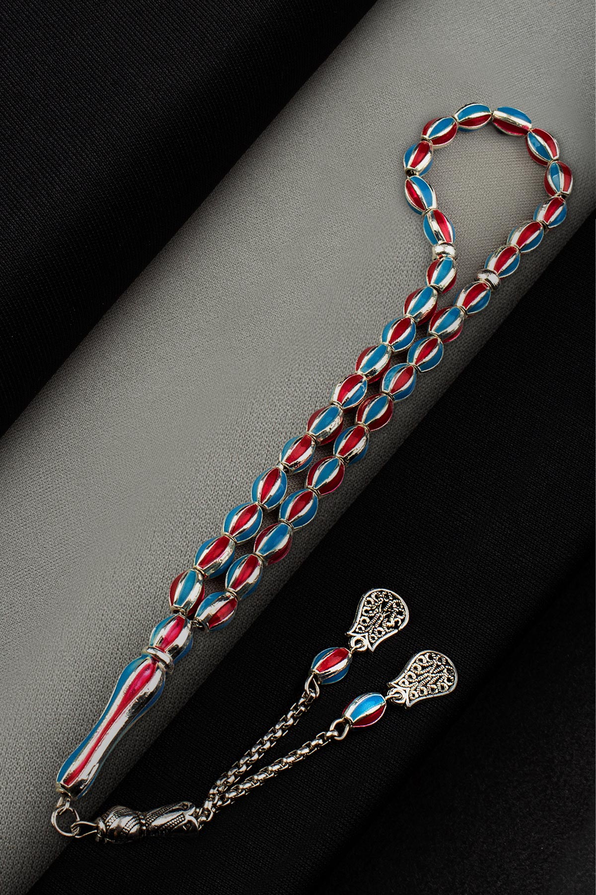 Mine İşlemeli Arpa Kesim 5x8 Bordo Mavi Taraftar Tesbihi