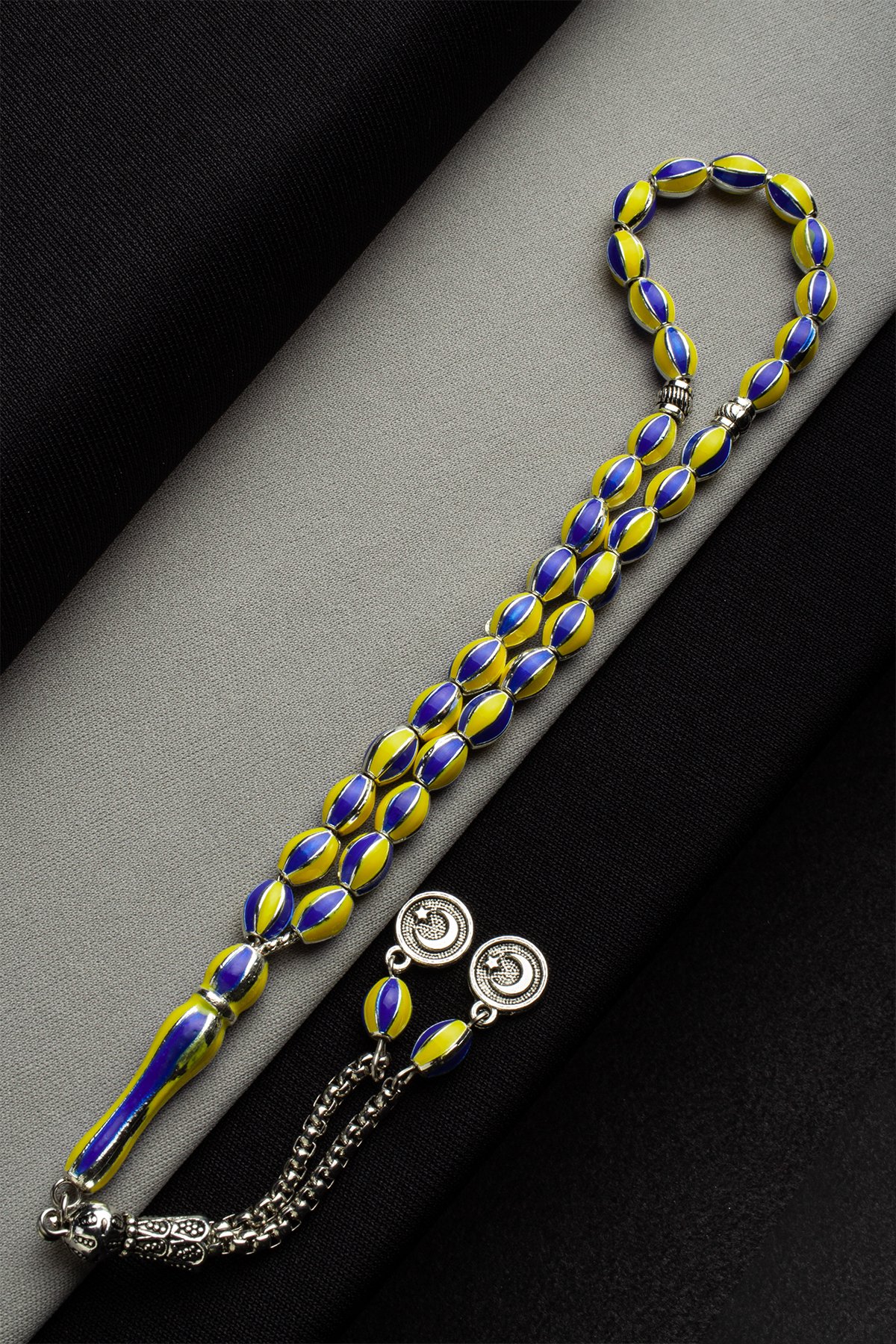 Mine İşlemeli Arpa Kesim 5x8 Sarı Lacivert Taraftar Tesbihi