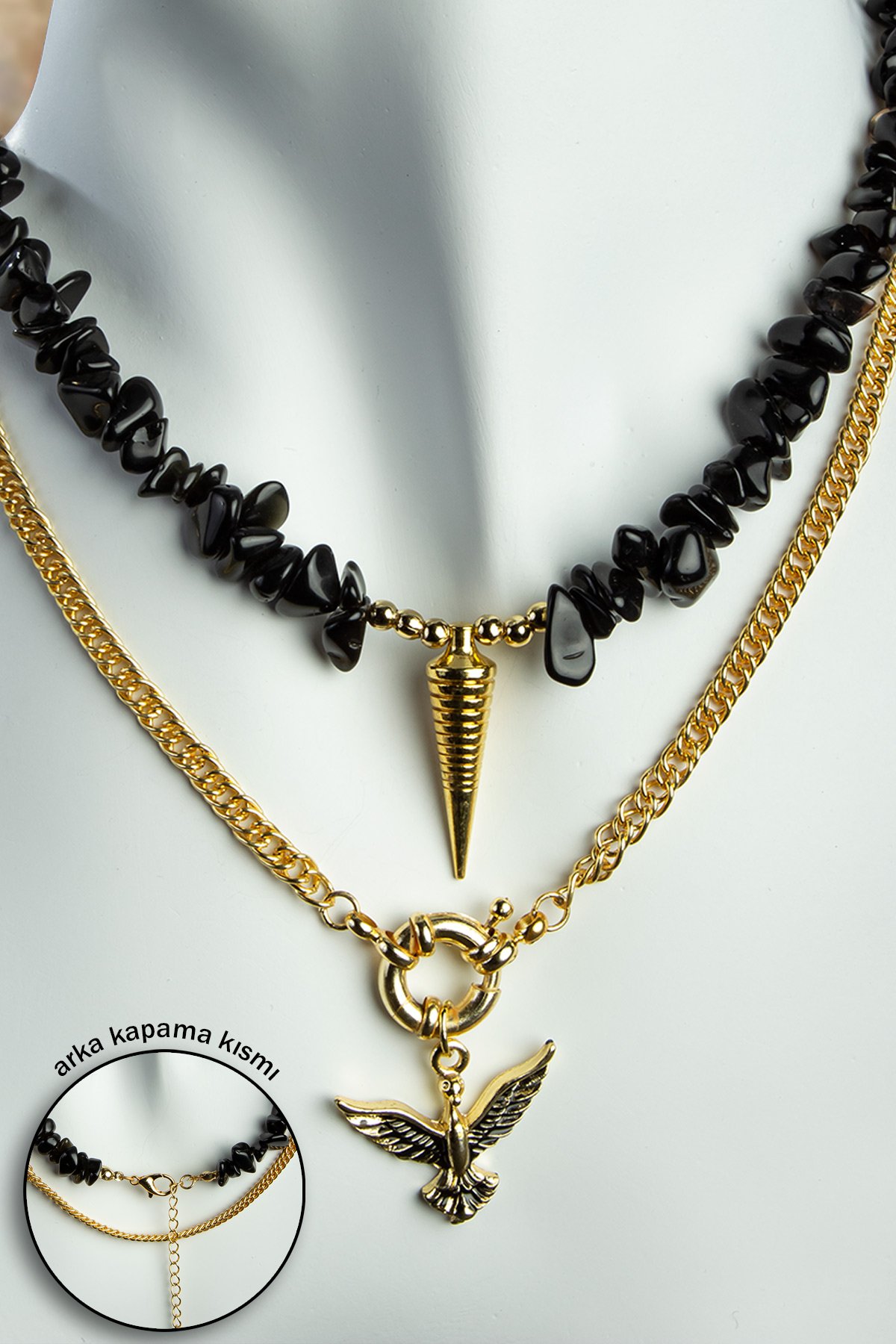 Obsidyen Doğal Kırık Taş Kuş Figürlü Zincir Kapamalı Kolye