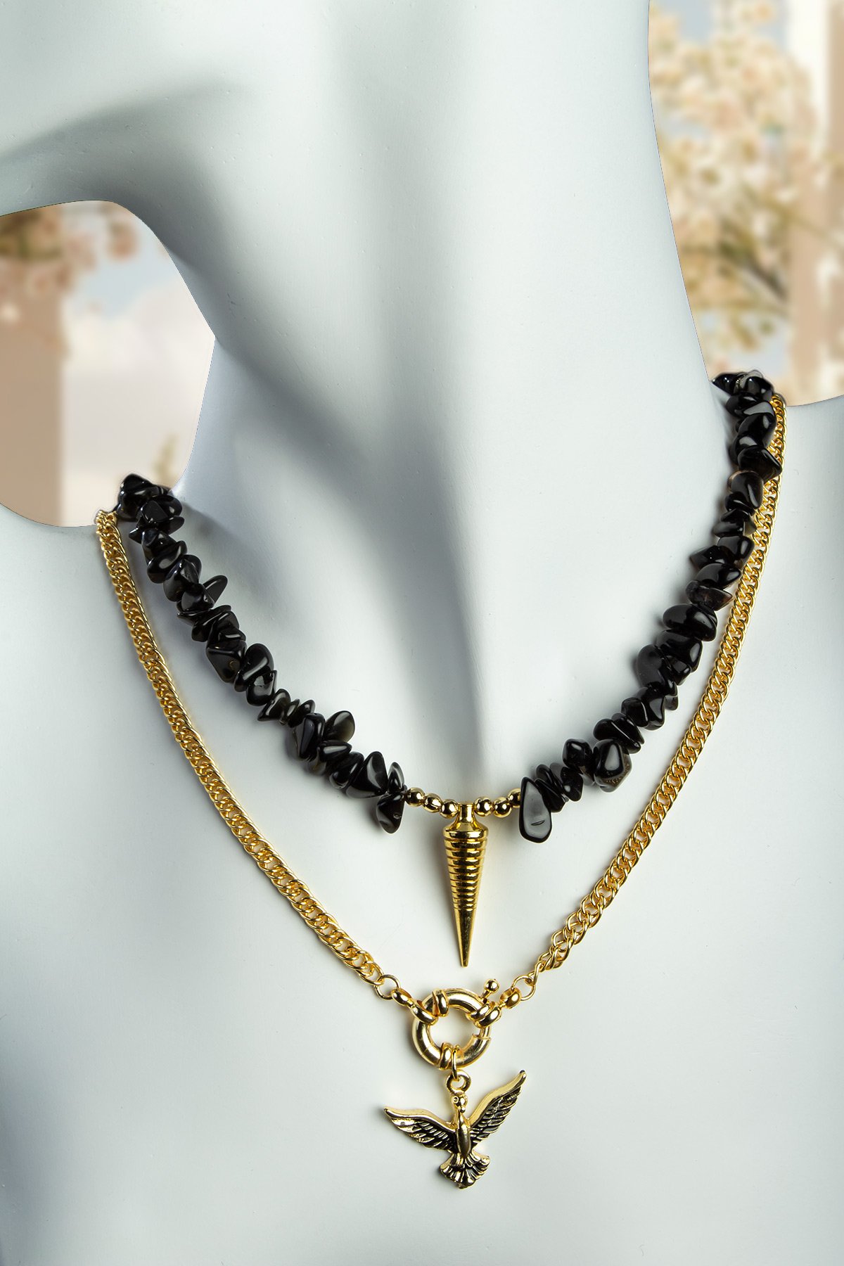 Obsidyen Doğal Kırık Taş Kuş Figürlü Zincir Kapamalı Kolye