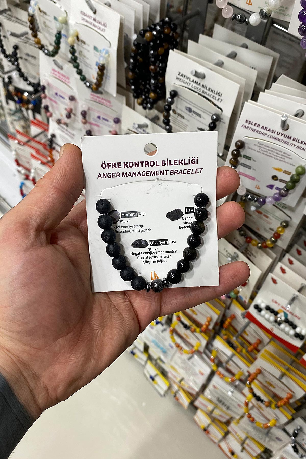 Obsidyen-Hematit-Lav Doğal Taş Küre Kesim Öfke Kontrol Bilekliği