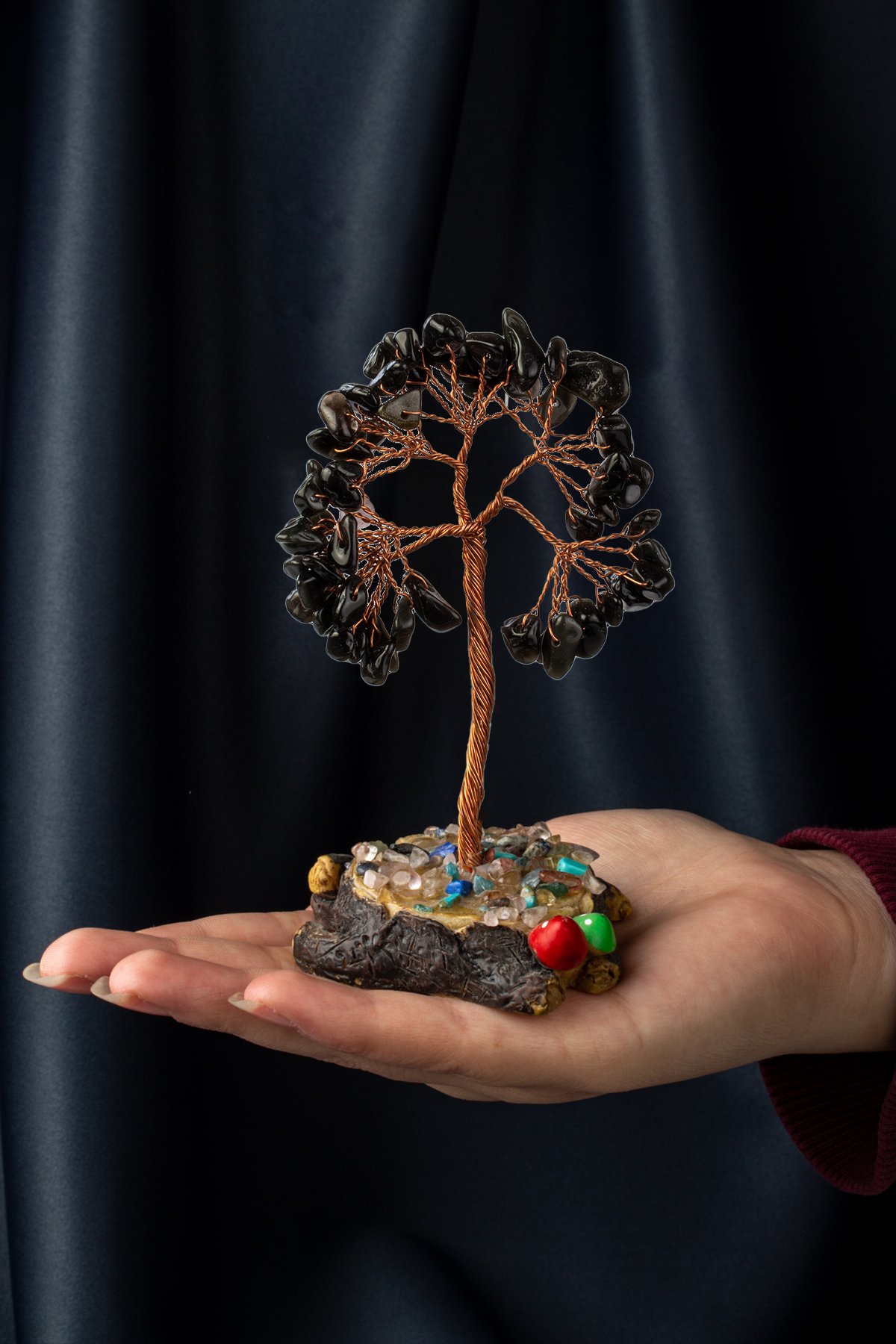 Obsidyen Taşı El Yapımı 7x11cm Doğal Taş Dekoratif Hayat Ağacı