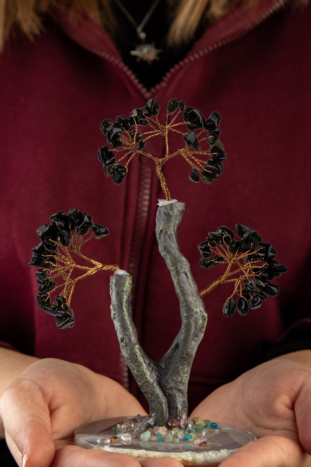 Obsidyen Taşı El Yapımı 8x17cm Doğal Taş Dekoratif Hayat Ağacı