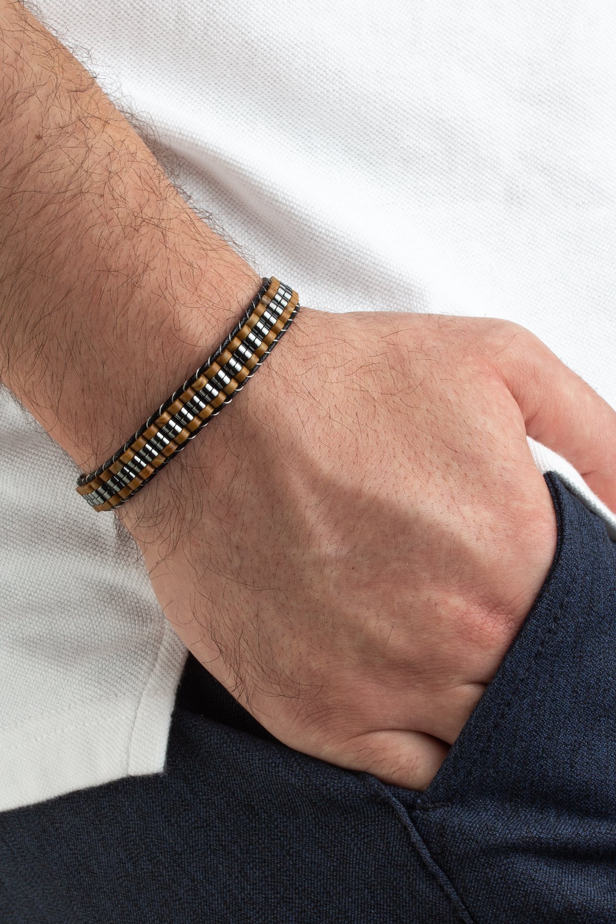 Odun Jespar Doğal Taş Örme Erkek Bilekliği 4x2mm