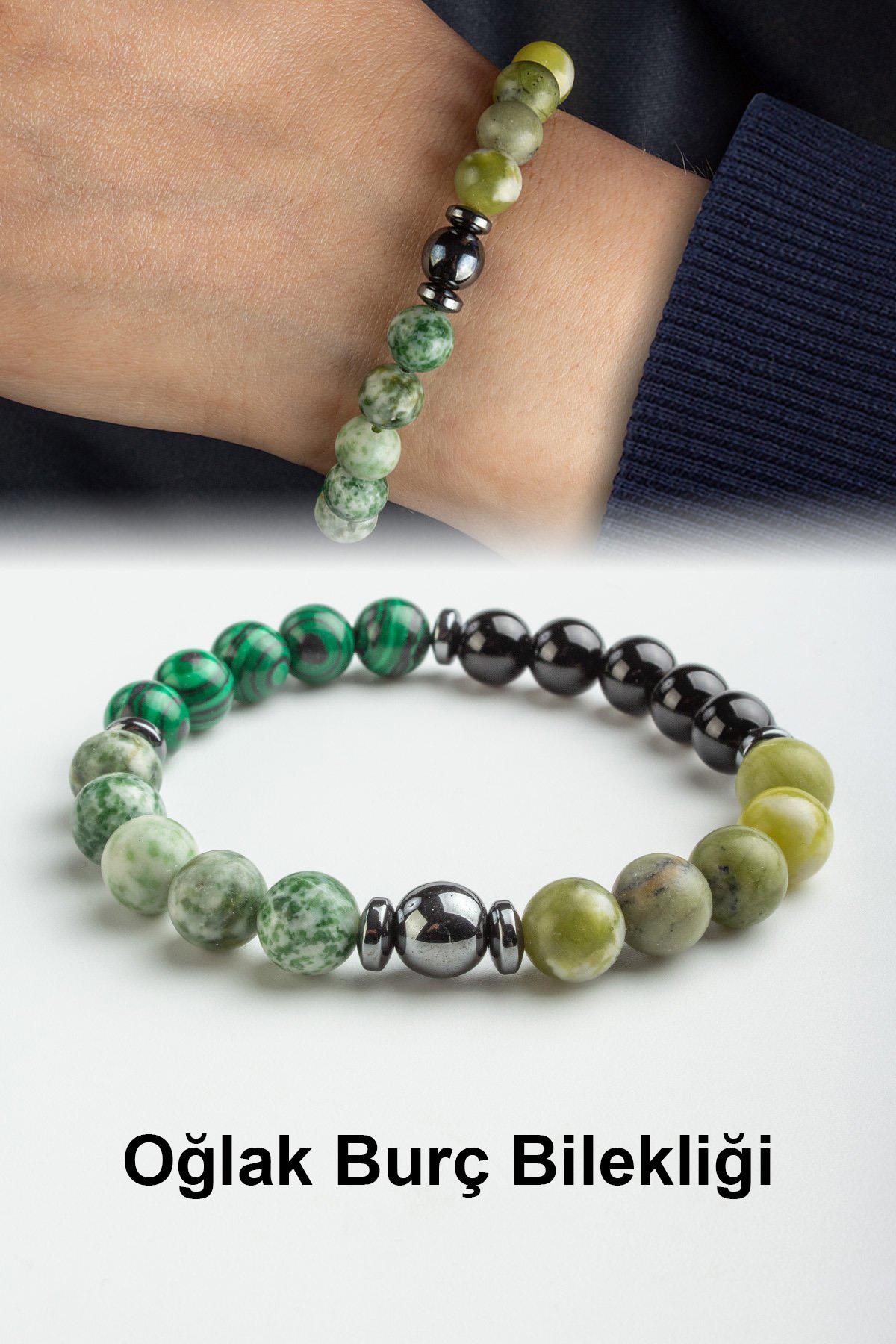 Oğlak Burç Bilekliği Yeşim-Benekli Jasper-Oniks-Sıkma Malakit Doğal Taş 8mm Bileklik