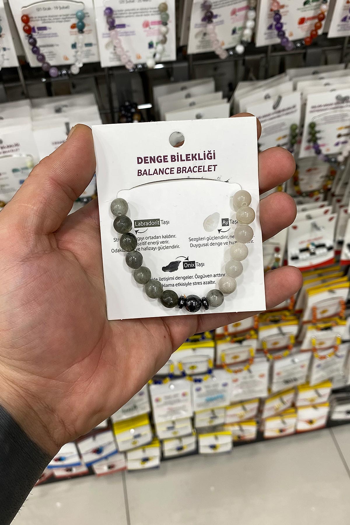 Oniks-Labradorit-Ay Taşı Doğal Taş Küre Kesim Denge Bilekliği