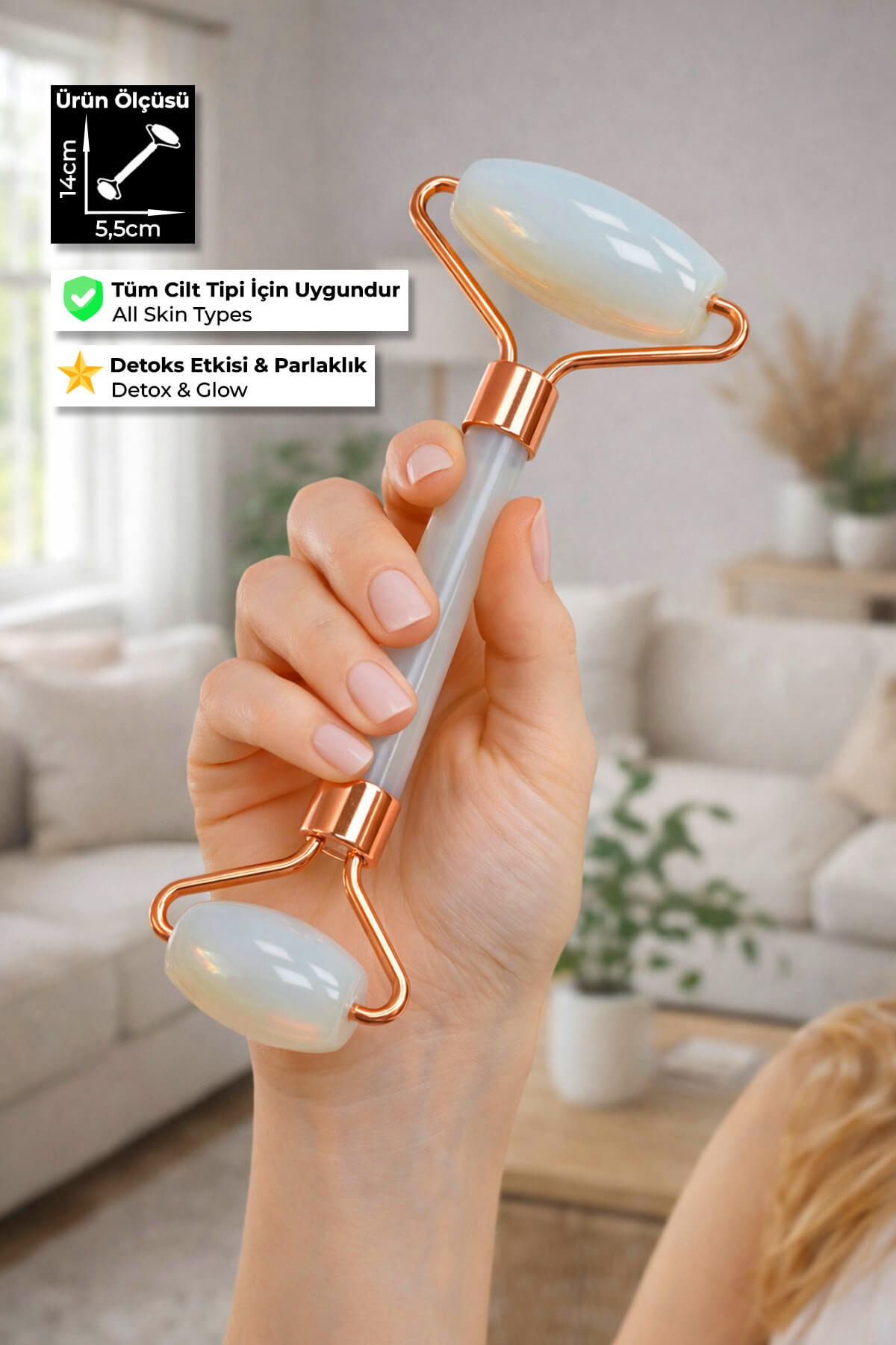 Opal Taşı Face Roller Doğal Taş Yüz Masaj Aleti - Roz Sap