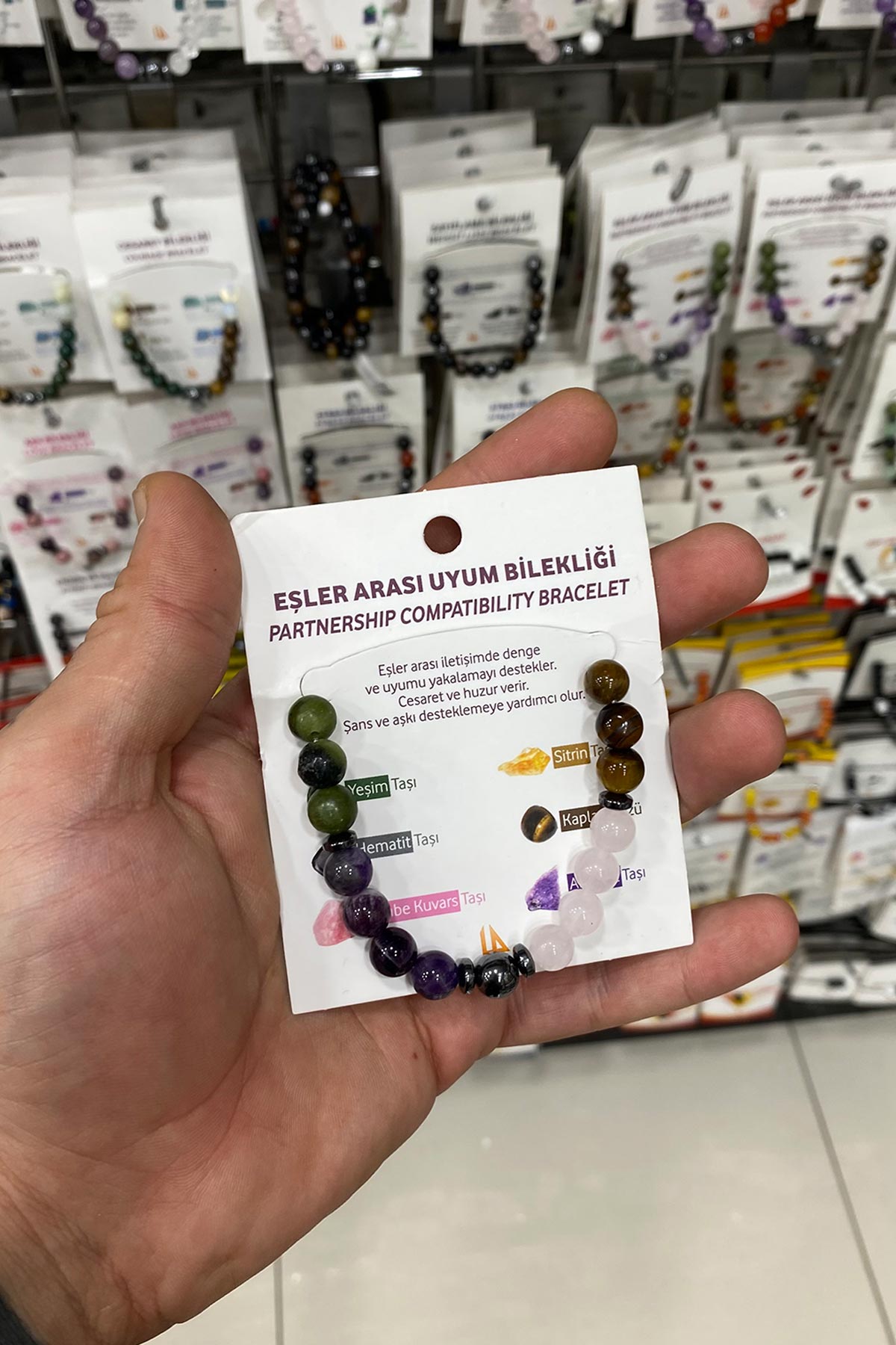 Pembe Kuvars-Ametist-Yeşim Doğal Taş Küre Kesim Eşler Arası Uyum Bilekliği