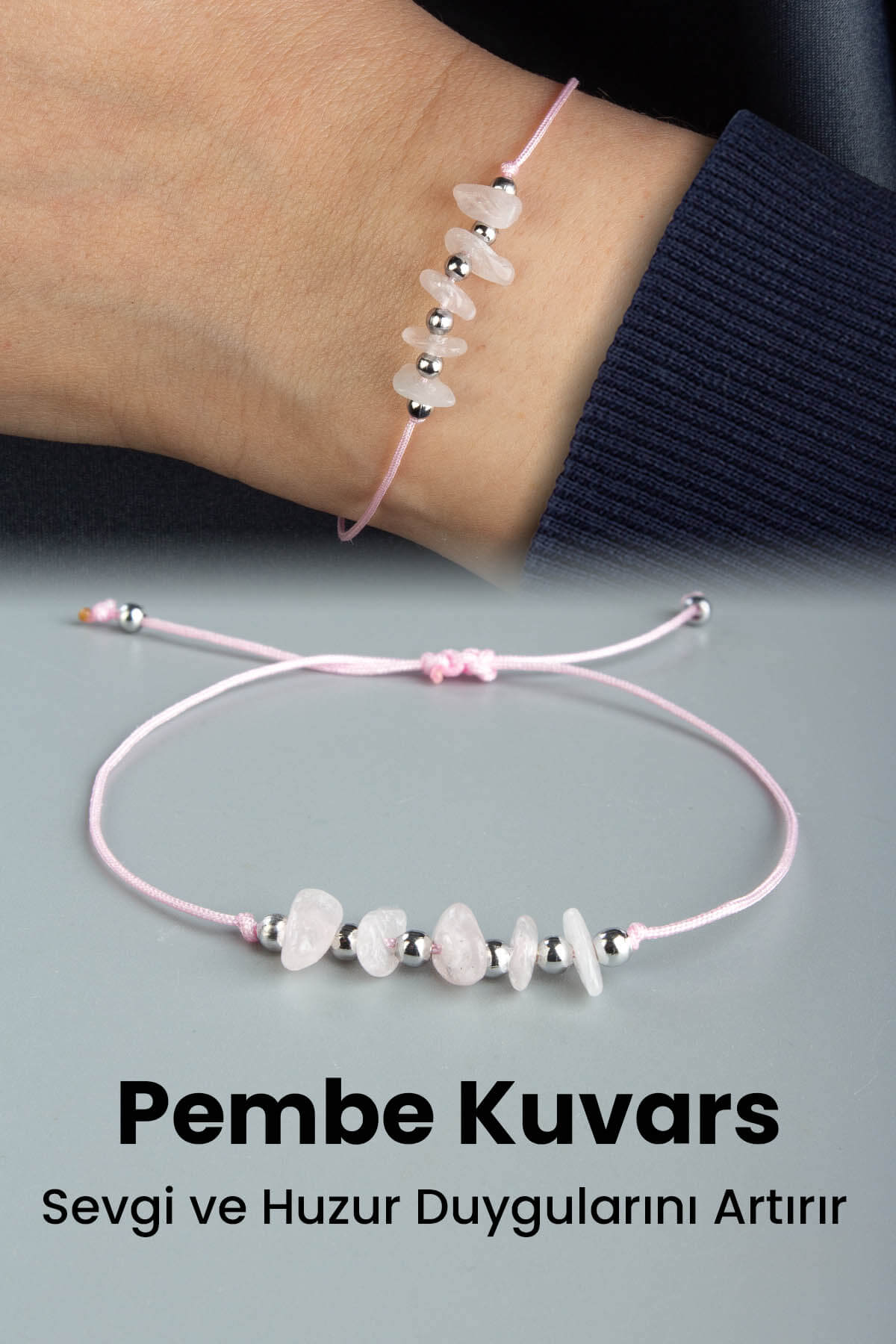 Pembe Kuvars Doğal Kırık Taş Koç Burcu Bilekliği