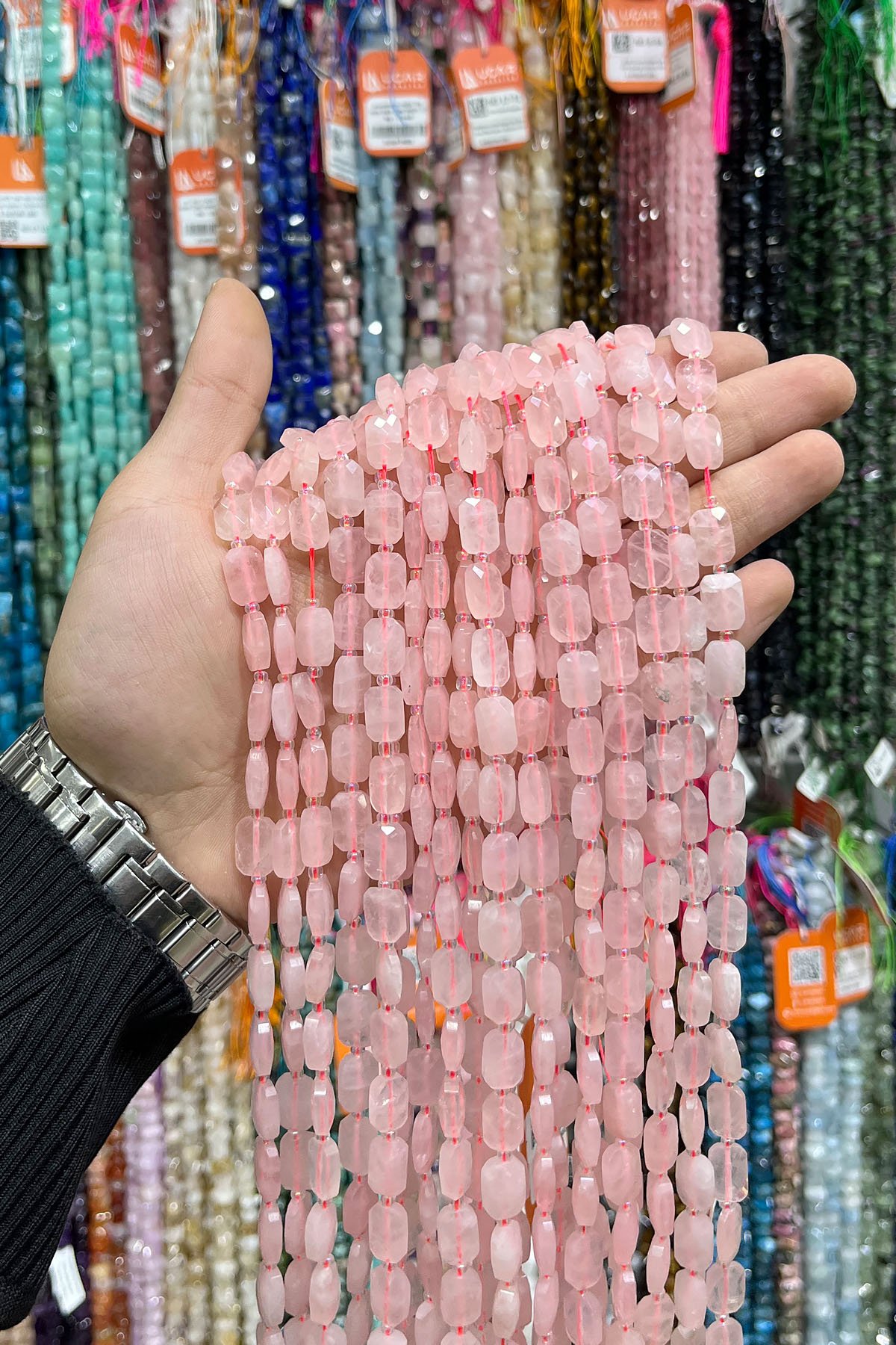 Pembe Kuvars Doğal Taş Fasetli Yassı Dikdörtgen Kesim 8x12mm Dizi