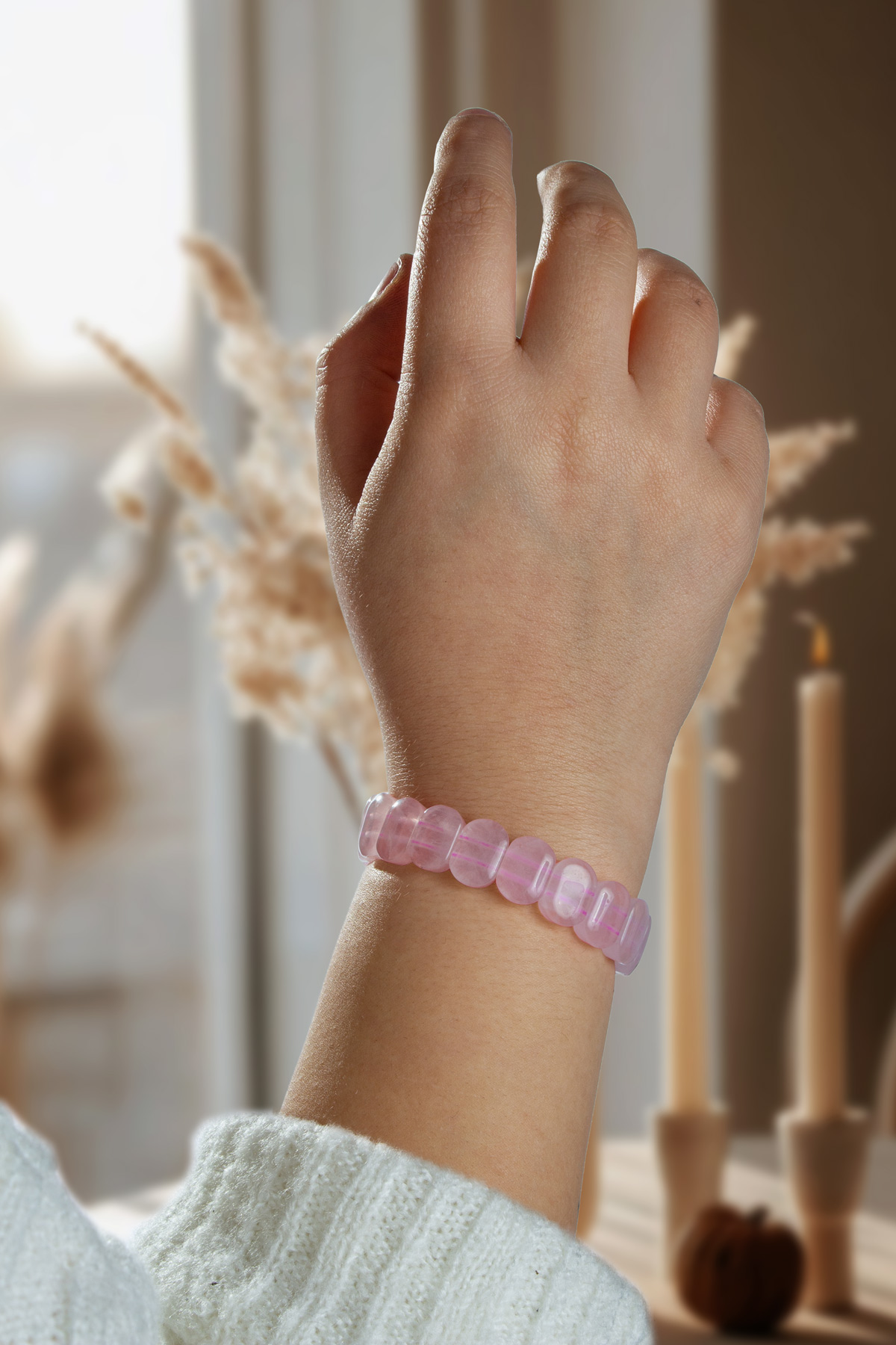 Pembe Kuvars Doğal Taş Oval Kesim Bileklik