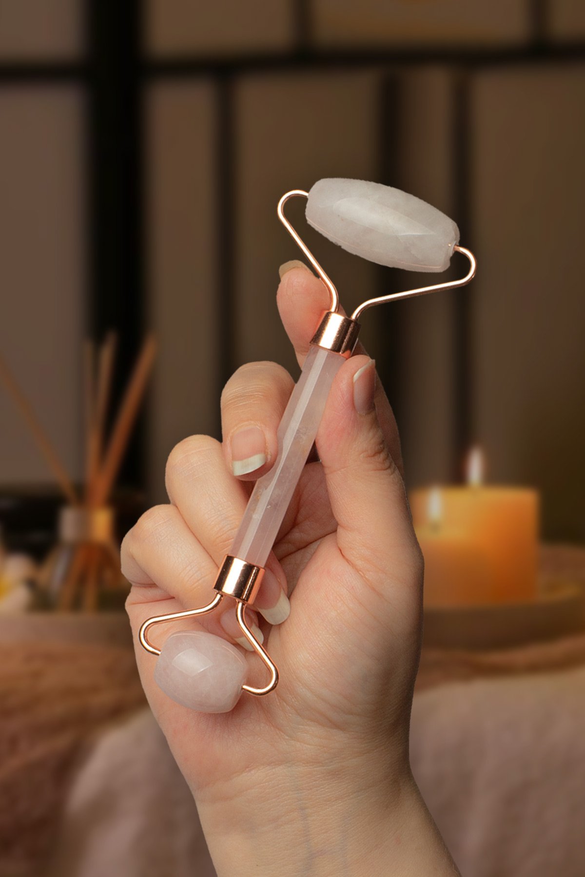 Pembe Kuvars Taşı Roz Face Roller Çift Taraflı Masaj Aleti