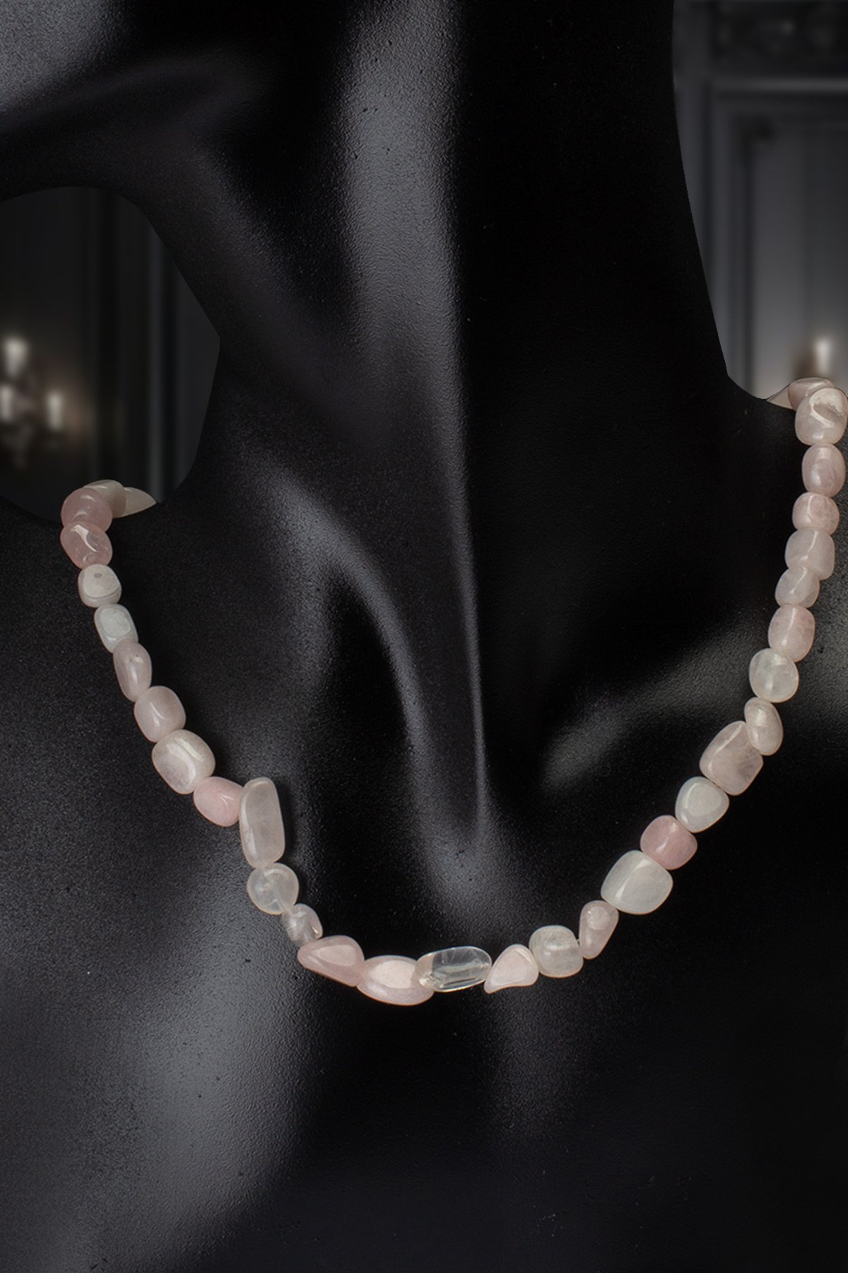 Pembe Kuvars Doğal Taş Tımbıl Kesim Zincir Kapamalı Kolye