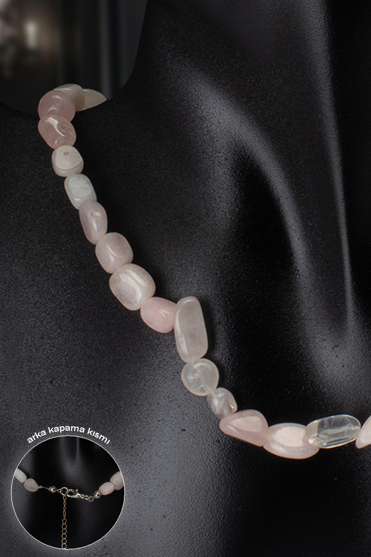 Pembe Kuvars Doğal Taş Tımbıl Kesim Zincir Kapamalı Kolye