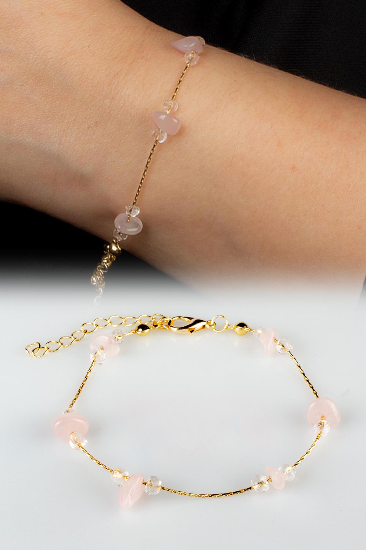 Pembe Kuvars Kırık Doğal Taş Yapıştırma Zincir Bileklik