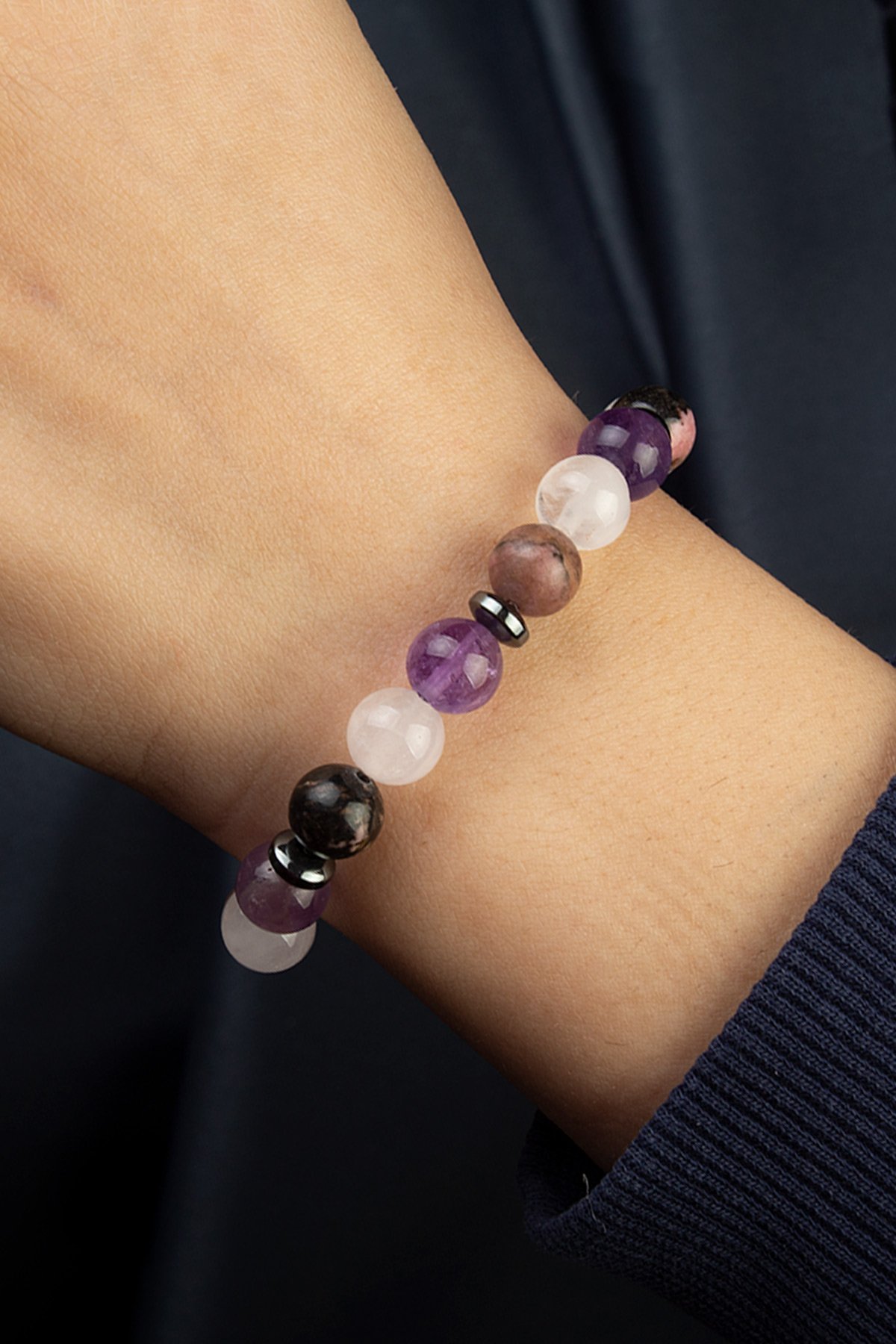 Pembe Kuvars-Rodonit-Karışık Doğal Taş Küre Kesim Aşk Bilekliği