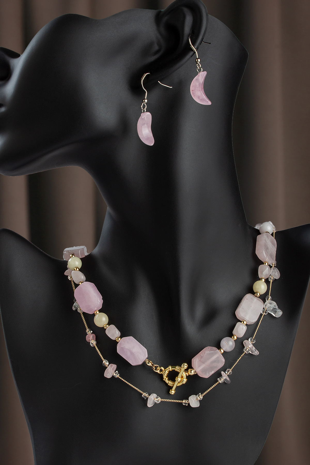Pembe Kuvars Taşı Doğal 2 li T Kapamalı Kolye & Pembe Kuvars Ay Kesim Küpe Hediye Seti