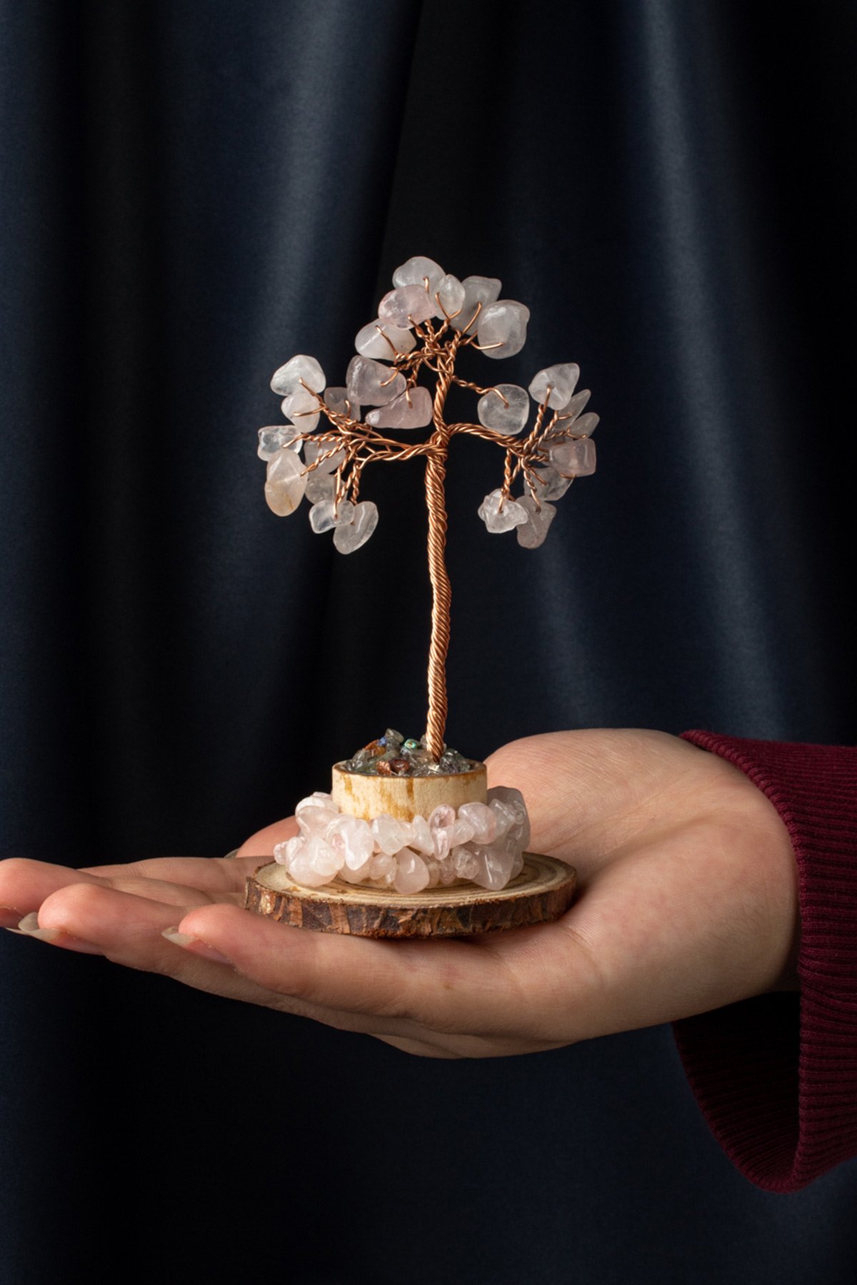 Pembe Kuvars Taşı El Yapımı 6x11cm Doğal Taş Dekoratif Hayat Ağacı