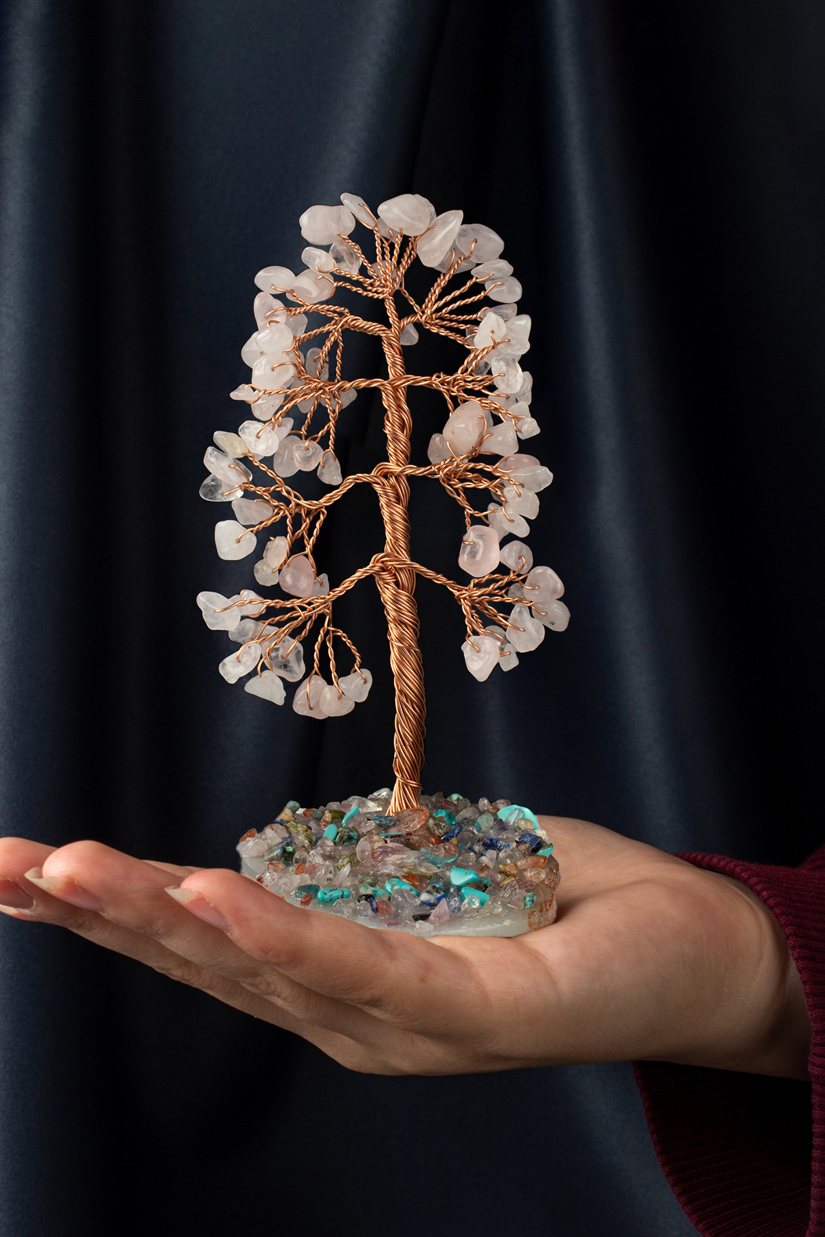 Pembe Kuvars Taşı El Yapımı 6x12cm Doğal Taş Dekoratif Hayat Ağacı