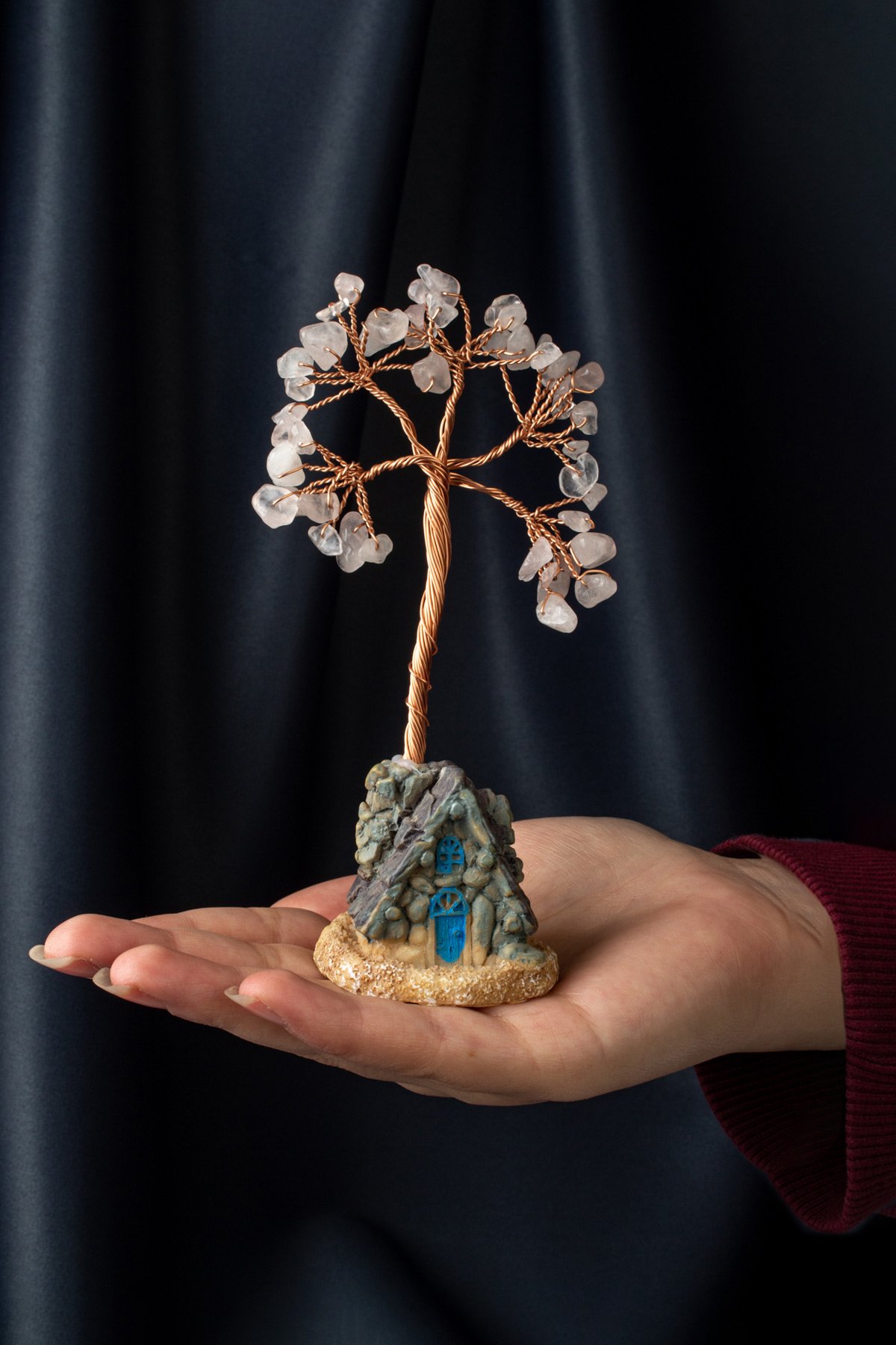 Pembe Kuvars Taşı El Yapımı 5x12cm Doğal Taş Dekoratif Hayat Ağacı