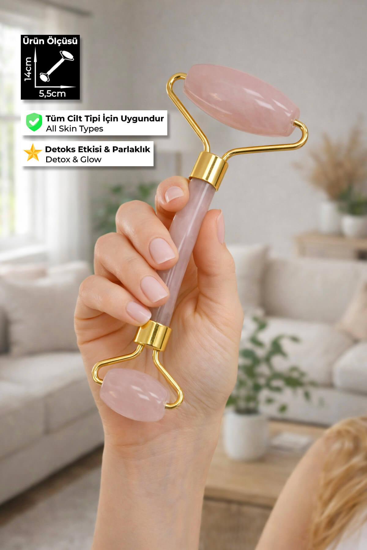 Pembe Kuvars Taşı Face Roller Taşı Yüz Masaj Aleti - Altın Sap