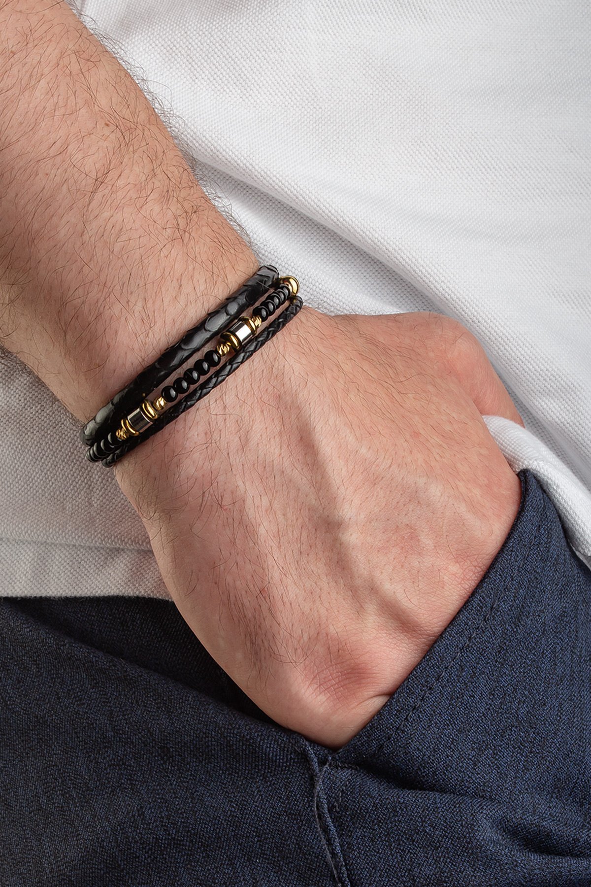 Piton Deri Siyah Oniks Taşlı Dorikalı Üçlü Deri Erkek Bilekliği