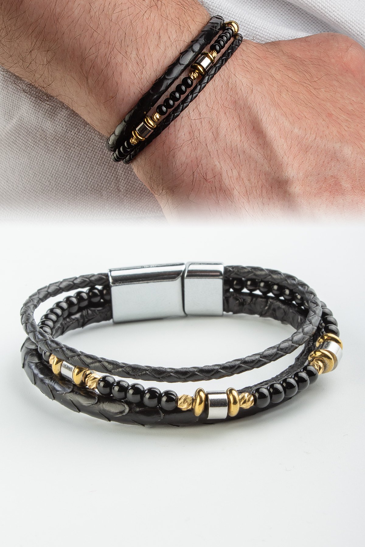 Piton Deri Siyah Oniks Taşlı Dorikalı Üçlü Deri Erkek Bilekliği