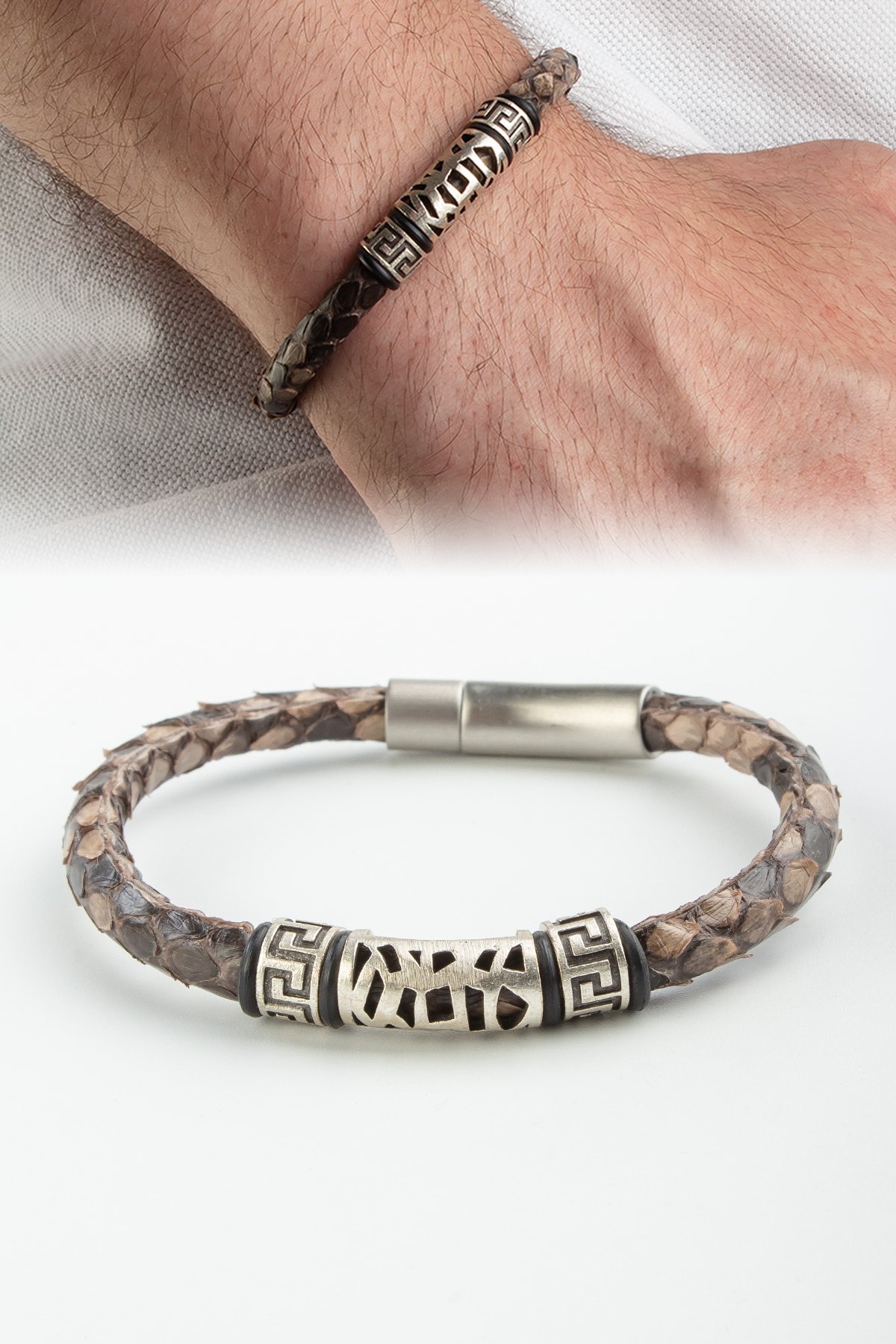 Piton Kahverengi Deri Erkek Bilekliği