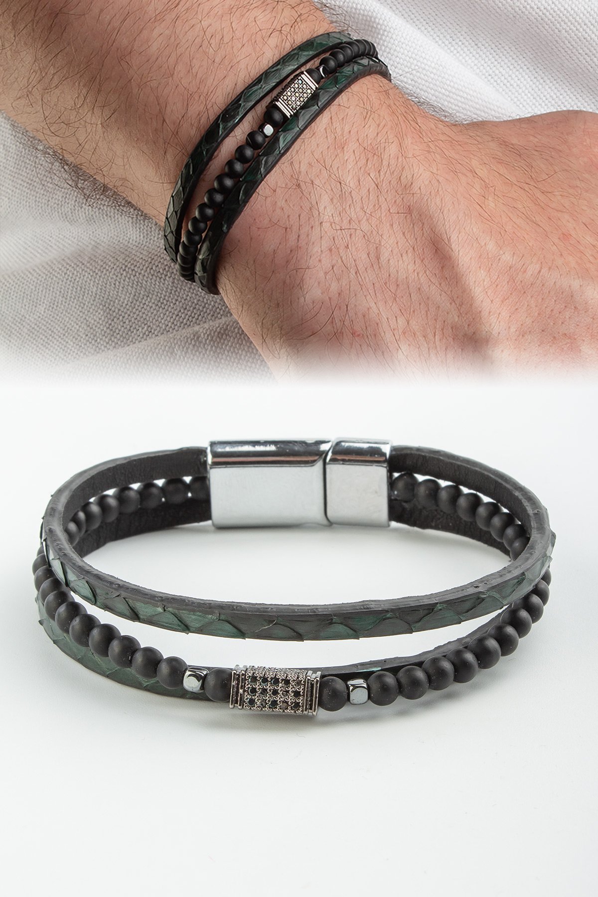 Piton Yassı Kesim Yeşil Oniks Taşlı Üç Sıra Deri Erkek Bilekliği