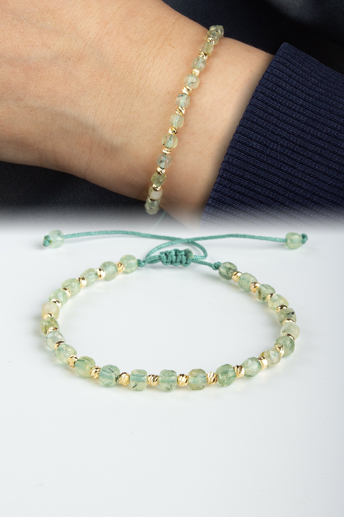 Prehnit Doğal Taş Küp Kesim Makrome Bileklik